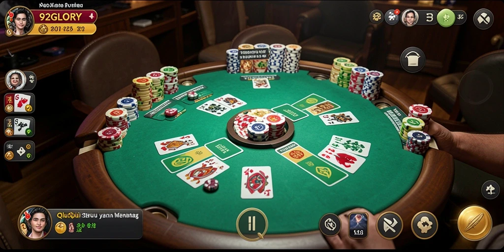 Screenshot gameplay QiuQiu dari 92GLORY yang menampilkan pertempuran kartu.