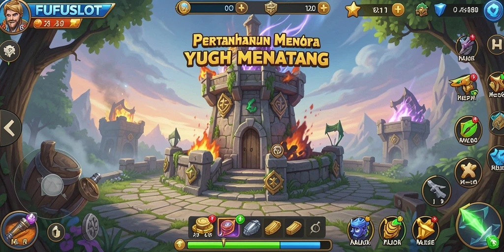 Screenshot FUFUSLOT menampilkan aksi menara dalam pertahanan tower yang seru.