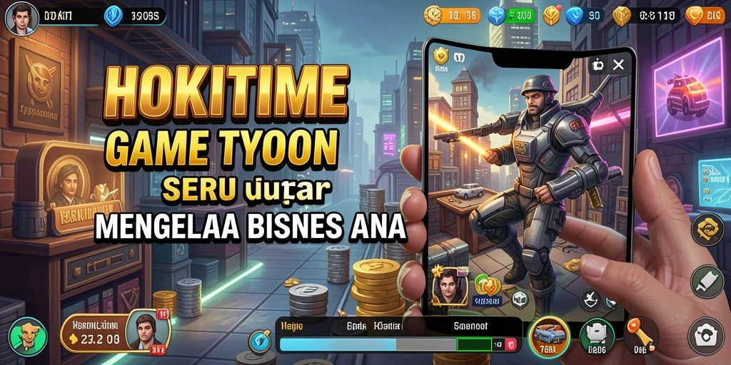 Tampilan gameplay HOKITIME dengan manajemen bisnis yang seru.