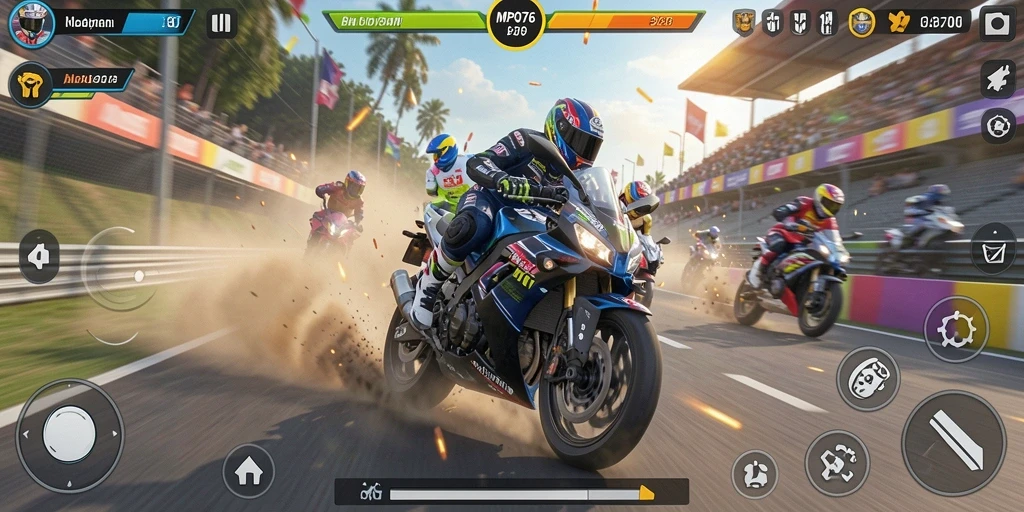 Screenshot MPO76 menunjukkan pemain yang sedang balapan motor dengan kecepatan tinggi.